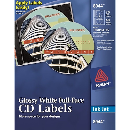 Avery Labels, CD, Inkjet Glossy, 20/Labels, 40/Inserts, White 20PK AVE8944